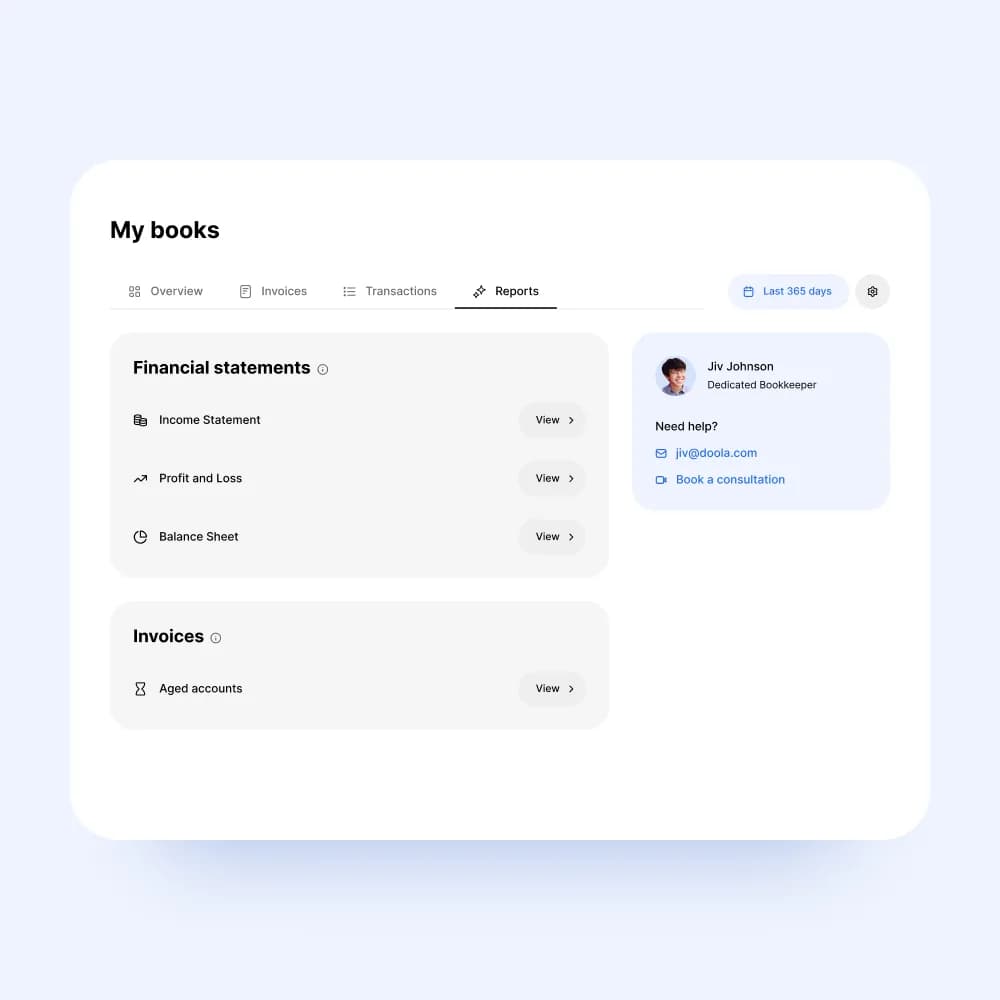 doola Bookkeeping financial statements and reports menu