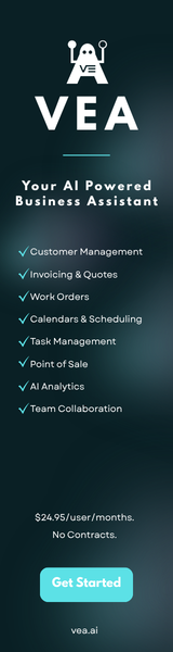 VEA — Your AI Powered Business Assistant. Customer Management, Invoicing & Quotes, Work Orders, Calendars & Scheduling, Task Management, Point of Sale, AI Analytics, Team Collaboration. $24.95/user/month, no contracts.